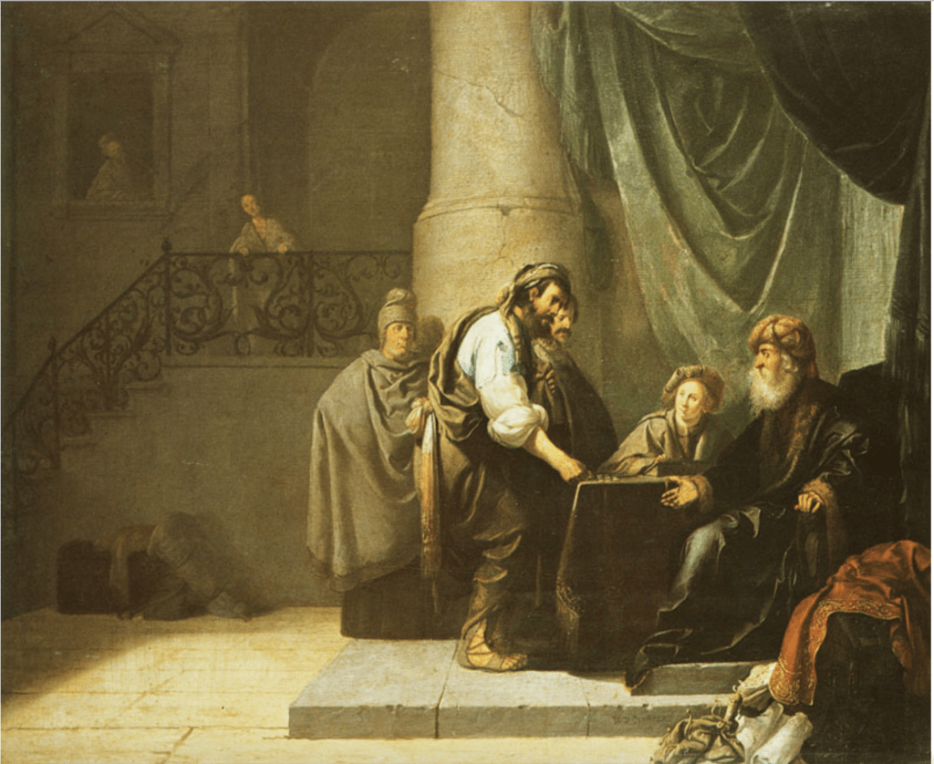 Painting by Willem de Poorter entitled The Parable of The Talents or Minas.